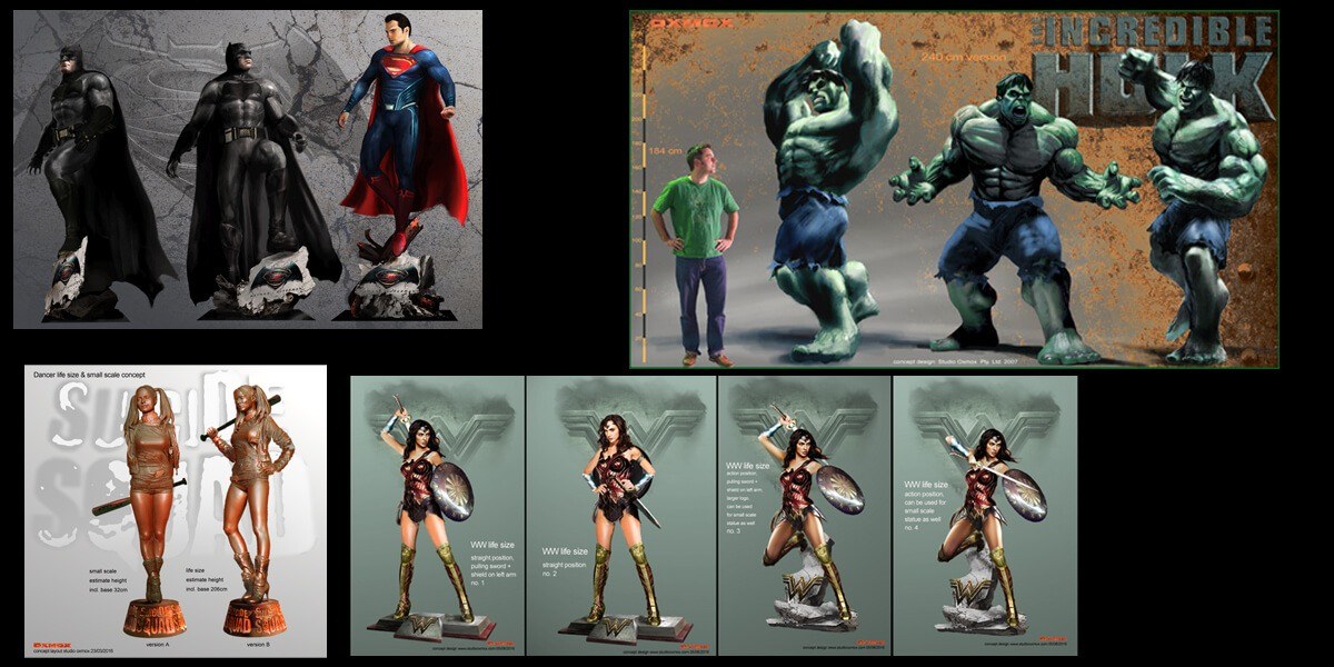 Concepts, layouts and drawings for statues by Studio Oxmox